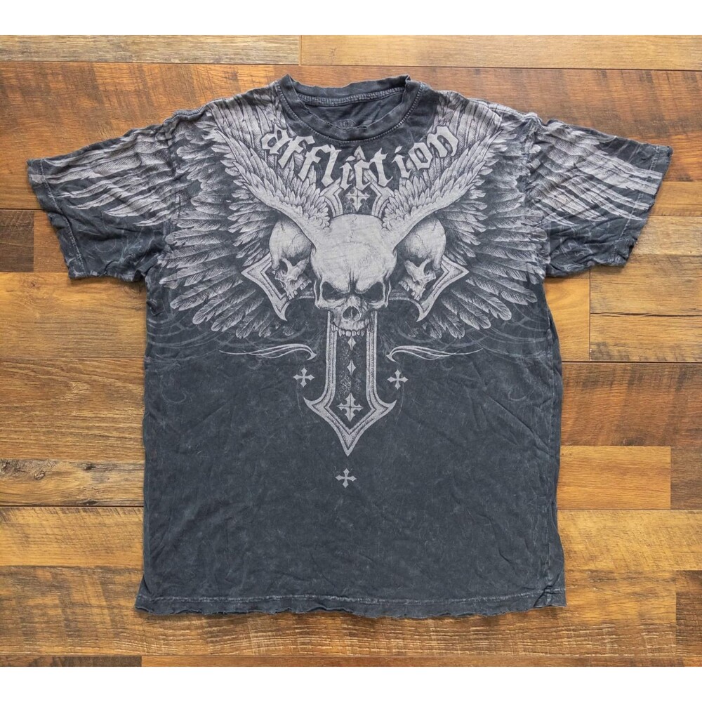 Y2K Affliction Death Eyes T-Shirt Mens L Skull Angel Wings Cross Distressed Goth